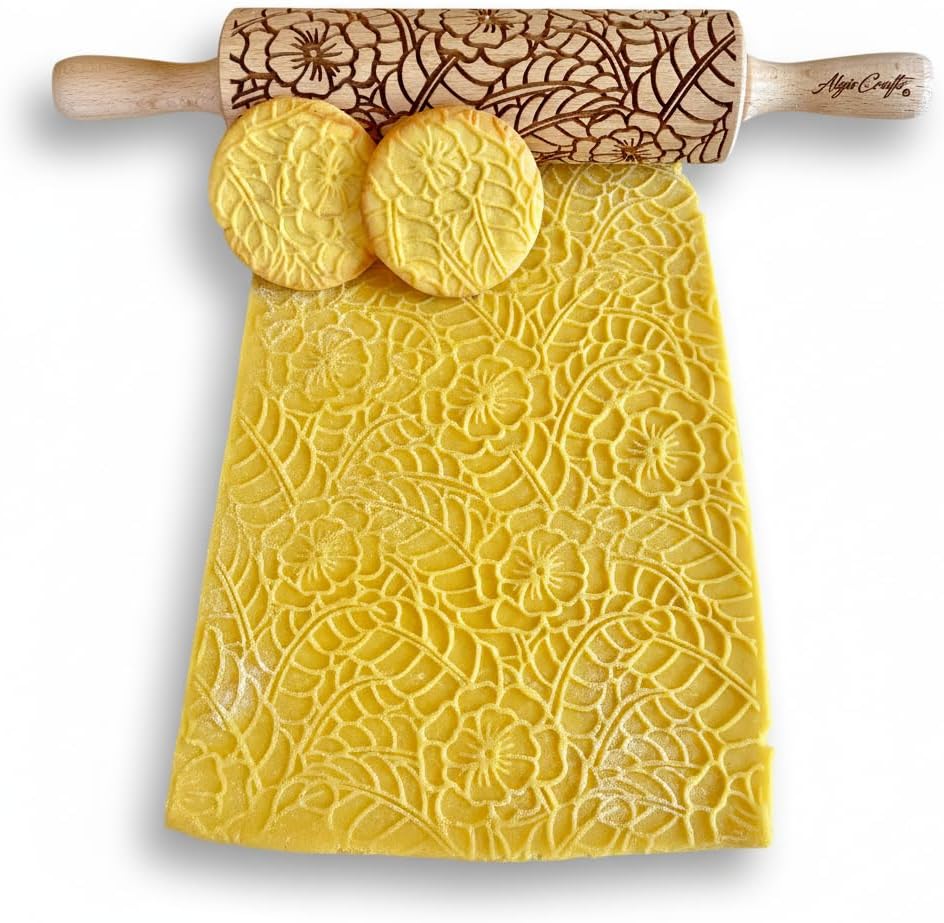 FLORAL WREATH Embossing Rolling Pin with Flowers Pattern. Dough and Clay Roller for Embossed Cookies and Pottery. Cookie and Ceramic Stamp. Backing Gifts for Women