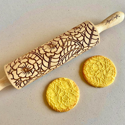 FLORAL WREATH Embossing Rolling Pin with Flowers Pattern. Dough and Clay Roller for Embossed Cookies and Pottery. Cookie and Ceramic Stamp. Backing Gifts for Women