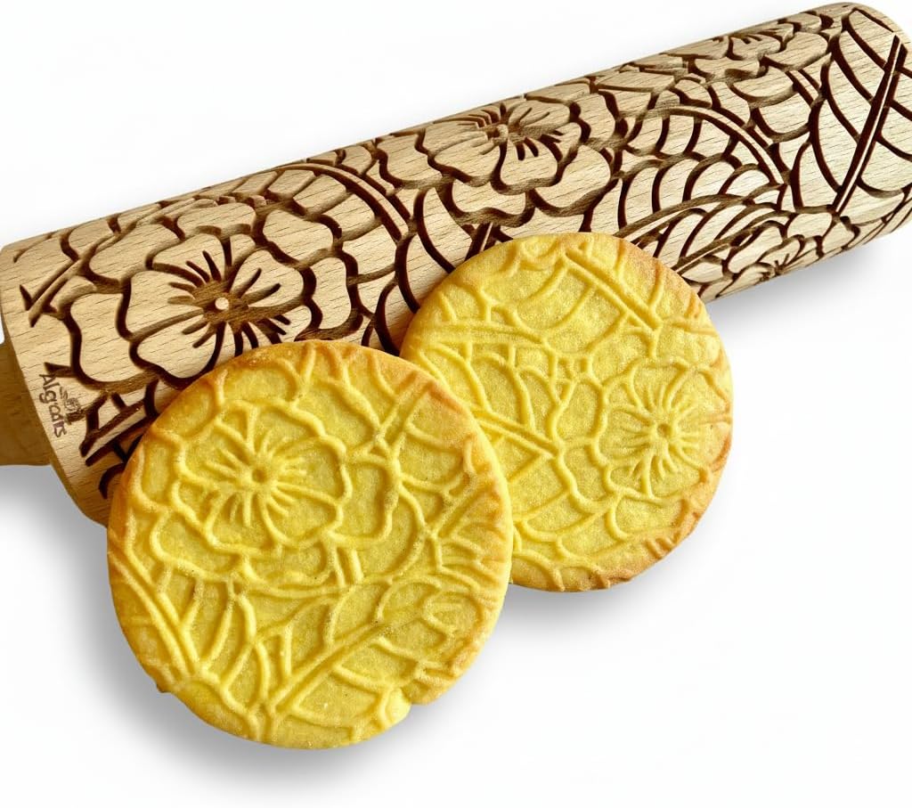 FLORAL WREATH Embossing Rolling Pin with Flowers Pattern. Dough and Clay Roller for Embossed Cookies and Pottery. Cookie and Ceramic Stamp. Backing Gifts for Women