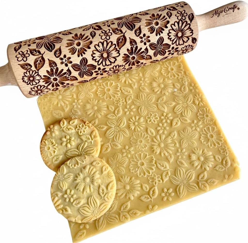FLORAL WREATH Embossing Rolling Pin with Flowers Pattern. Dough and Clay Roller for Embossed Cookies and Pottery. Cookie and Ceramic Stamp. Backing Gifts for Women