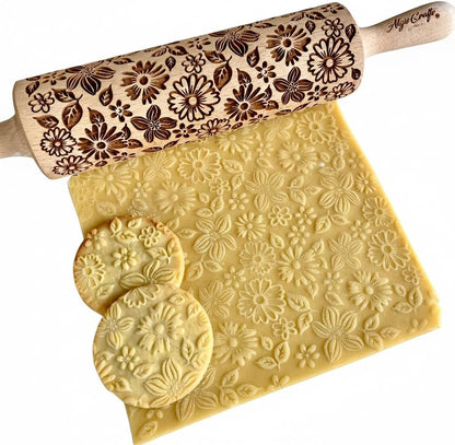 FLORAL WREATH Embossing Rolling Pin with Flowers Pattern. Dough and Clay Roller for Embossed Cookies and Pottery. Cookie and Ceramic Stamp. Backing Gifts for Women