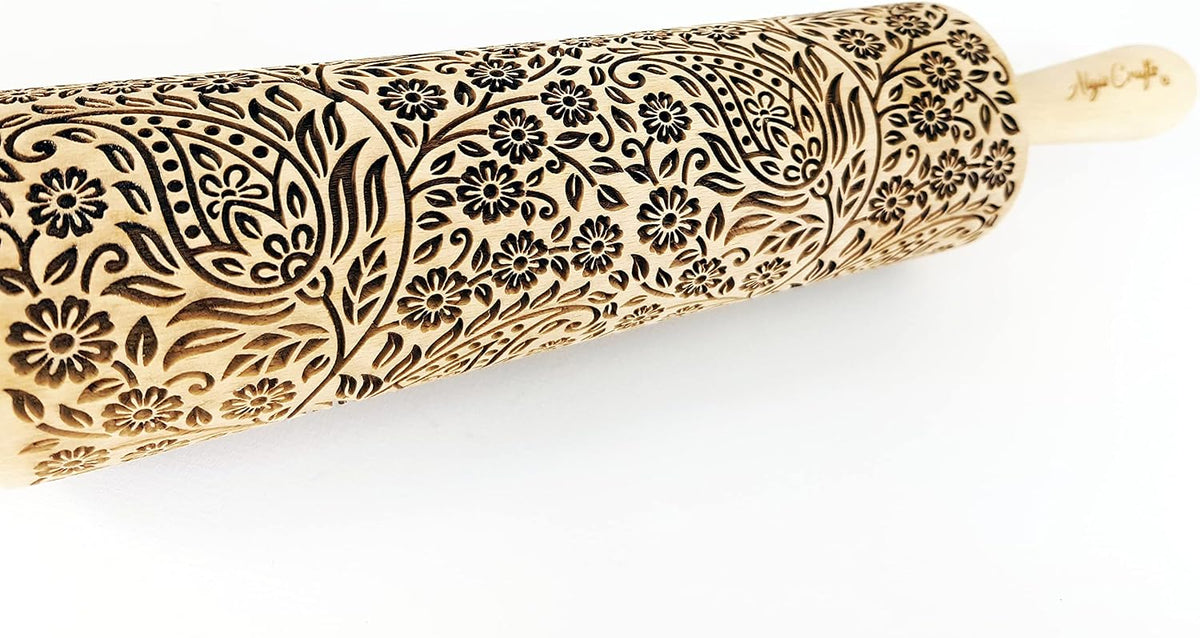 FLORAL WREATH Embossing Rolling Pin with Flowers Pattern. Dough and Clay Roller for Embossed Cookies and Pottery. Cookie and Ceramic Stamp. Backing Gifts for Women