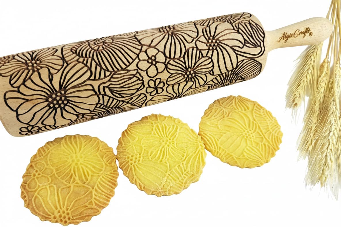 FLORAL WREATH Embossing Rolling Pin with Flowers Pattern. Dough and Clay Roller for Embossed Cookies and Pottery. Cookie and Ceramic Stamp. Backing Gifts for Women