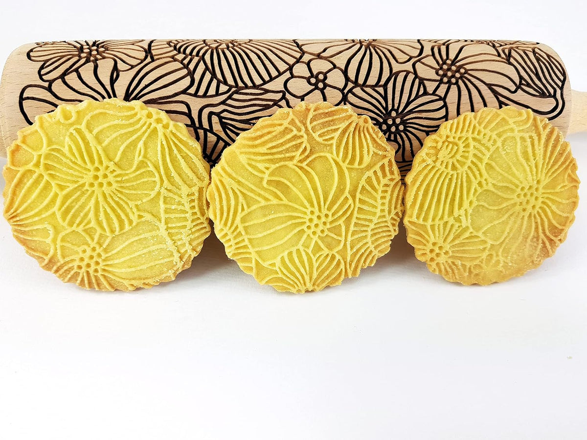 FLORAL WREATH Embossing Rolling Pin with Flowers Pattern. Dough and Clay Roller for Embossed Cookies and Pottery. Cookie and Ceramic Stamp. Backing Gifts for Women