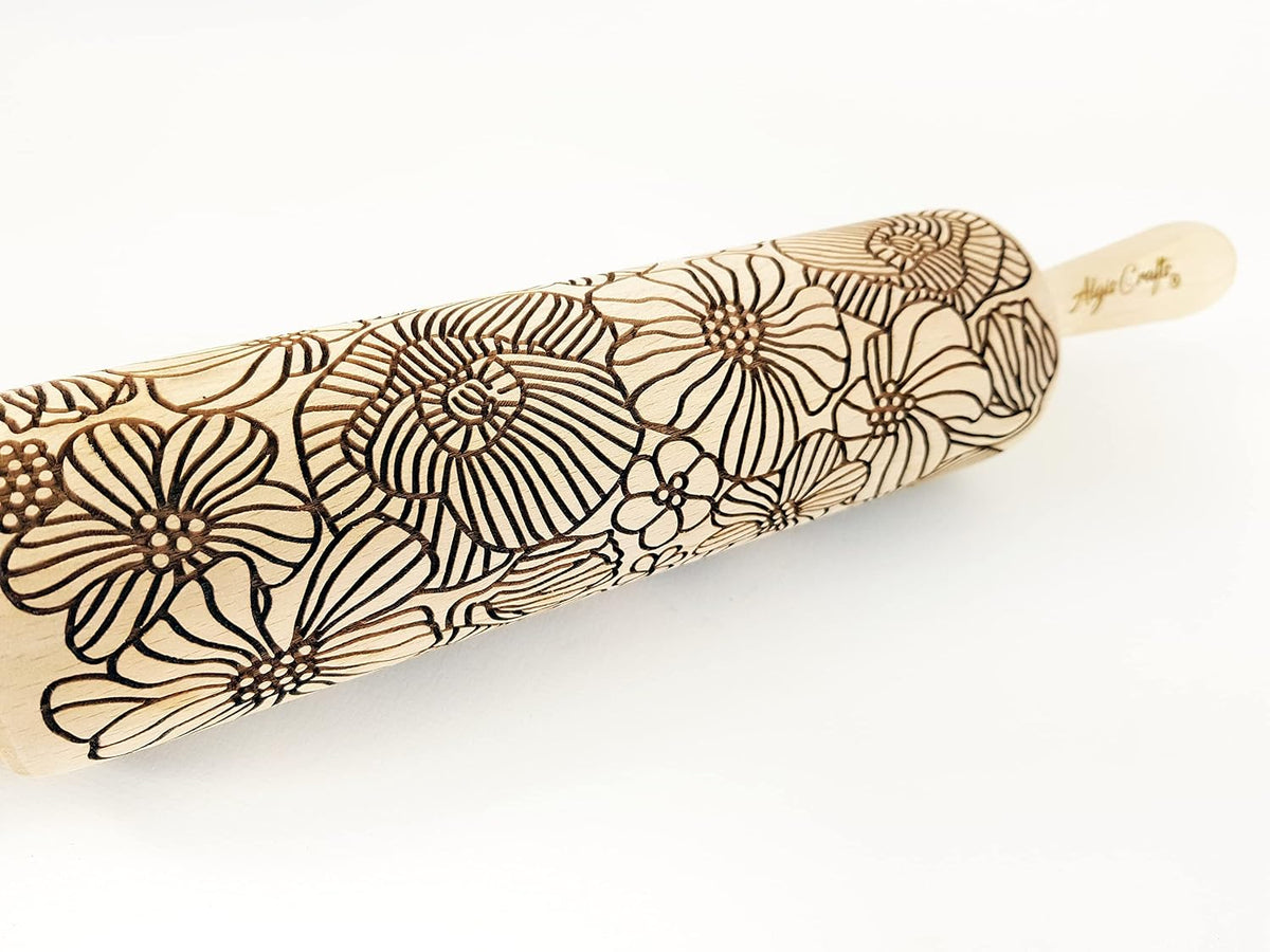 FLORAL WREATH Embossing Rolling Pin with Flowers Pattern. Dough and Clay Roller for Embossed Cookies and Pottery. Cookie and Ceramic Stamp. Backing Gifts for Women
