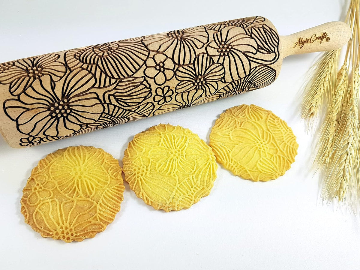 FLORAL WREATH Embossing Rolling Pin with Flowers Pattern. Dough and Clay Roller for Embossed Cookies and Pottery. Cookie and Ceramic Stamp. Backing Gifts for Women