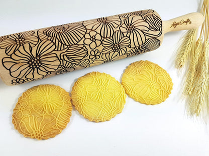 FLORAL WREATH Embossing Rolling Pin with Flowers Pattern. Dough and Clay Roller for Embossed Cookies and Pottery. Cookie and Ceramic Stamp. Backing Gifts for Women