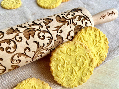 FLORAL WREATH Embossing Rolling Pin with Flowers Pattern. Dough and Clay Roller for Embossed Cookies and Pottery. Cookie and Ceramic Stamp. Backing Gifts for Women