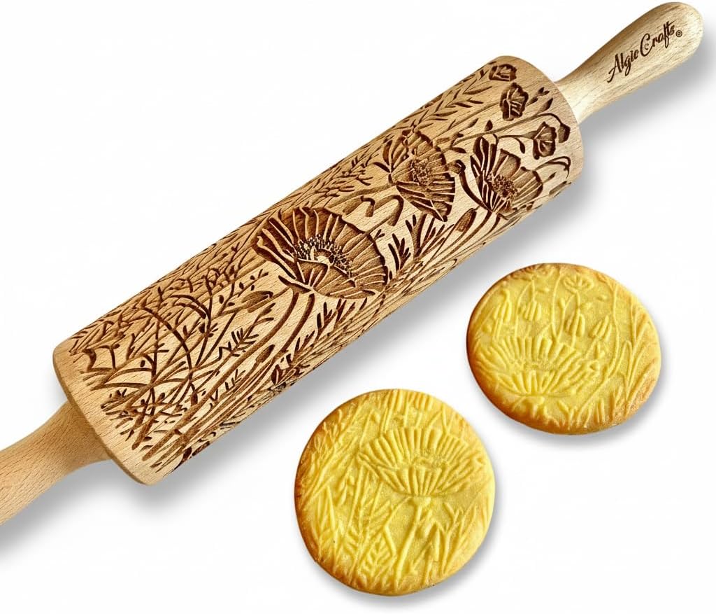 FLORAL WREATH Embossing Rolling Pin with Flowers Pattern. Dough and Clay Roller for Embossed Cookies and Pottery. Cookie and Ceramic Stamp. Backing Gifts for Women