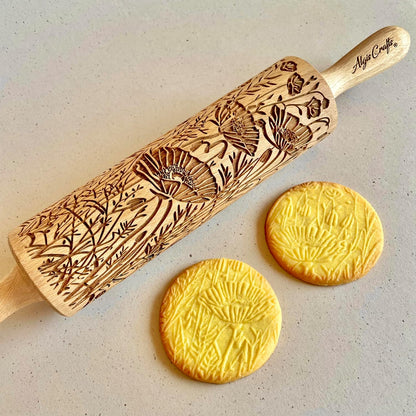 FLORAL WREATH Embossing Rolling Pin with Flowers Pattern. Dough and Clay Roller for Embossed Cookies and Pottery. Cookie and Ceramic Stamp. Backing Gifts for Women