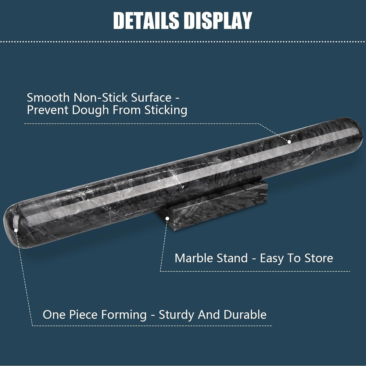 Marble Rolling Pin with Stand, 15.7" Black Stone French Heavy Polished Non Stick Cookie Pizza Pastry Dough Baker Roller for Kitchen Baking