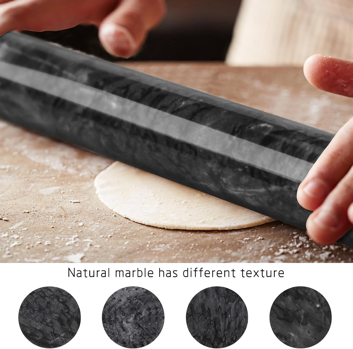 Marble Rolling Pin with Stand, 15.7" Black Stone French Heavy Polished Non Stick Cookie Pizza Pastry Dough Baker Roller for Kitchen Baking