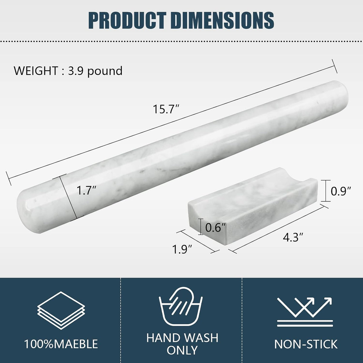 Marble Rolling Pin with Stand, 15.7" Black Stone French Heavy Polished Non Stick Cookie Pizza Pastry Dough Baker Roller for Kitchen Baking