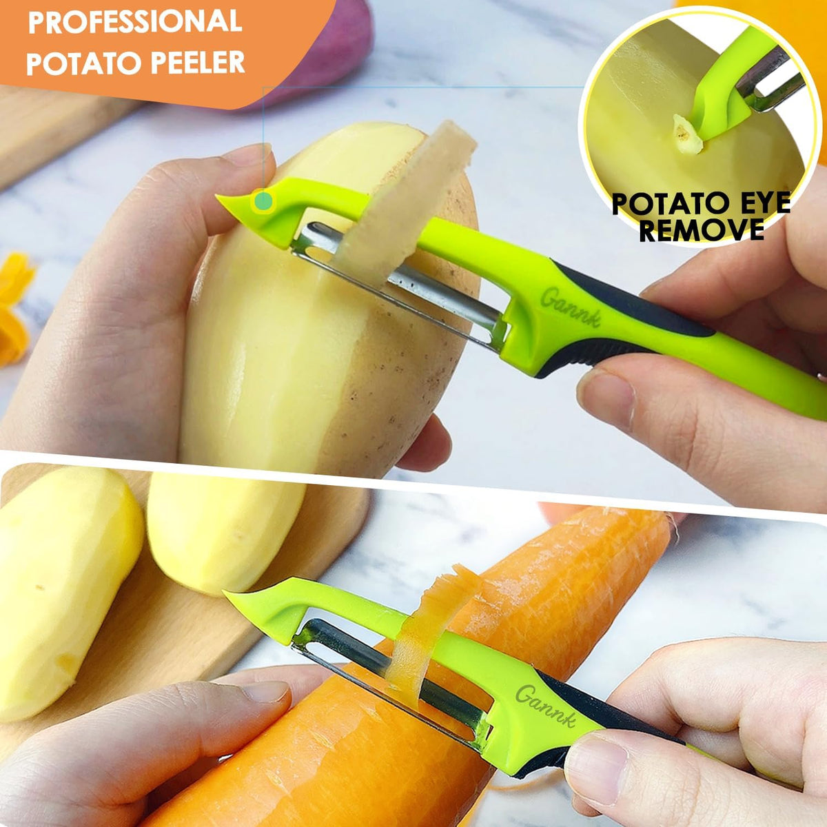 Vegetable Potato Peelers for Kitchen, Ultra Sharp Stainless Steel Blades Easy Peeling Apple Fruit Veggie Carrot Cucumber, W/Orange peeler, Dishwasher Safe