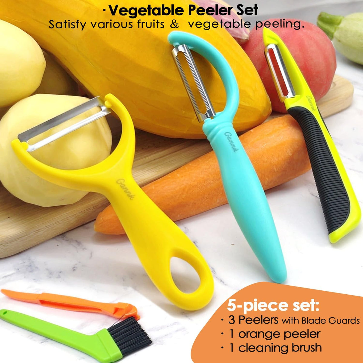 Vegetable Potato Peelers for Kitchen, Ultra Sharp Stainless Steel Blades Easy Peeling Apple Fruit Veggie Carrot Cucumber, W/Orange peeler, Dishwasher Safe