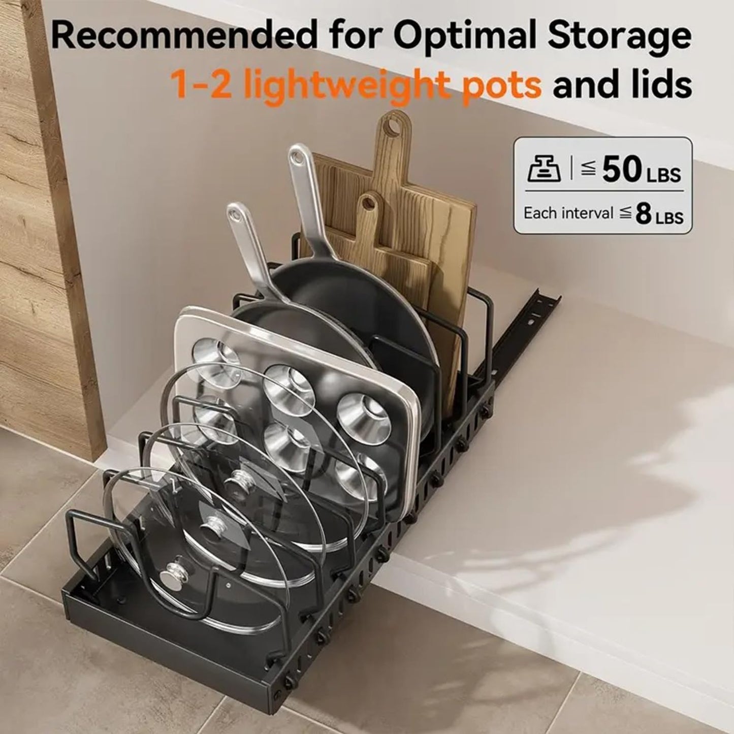 2 Pack Pull Out Cabinet Organizer for Pots and Pans, Black Storage Rack with 8 Adjustable Dividers, Kitchen Cabinet Organizer for Pot Lids, Bakeware, Dishes Storage