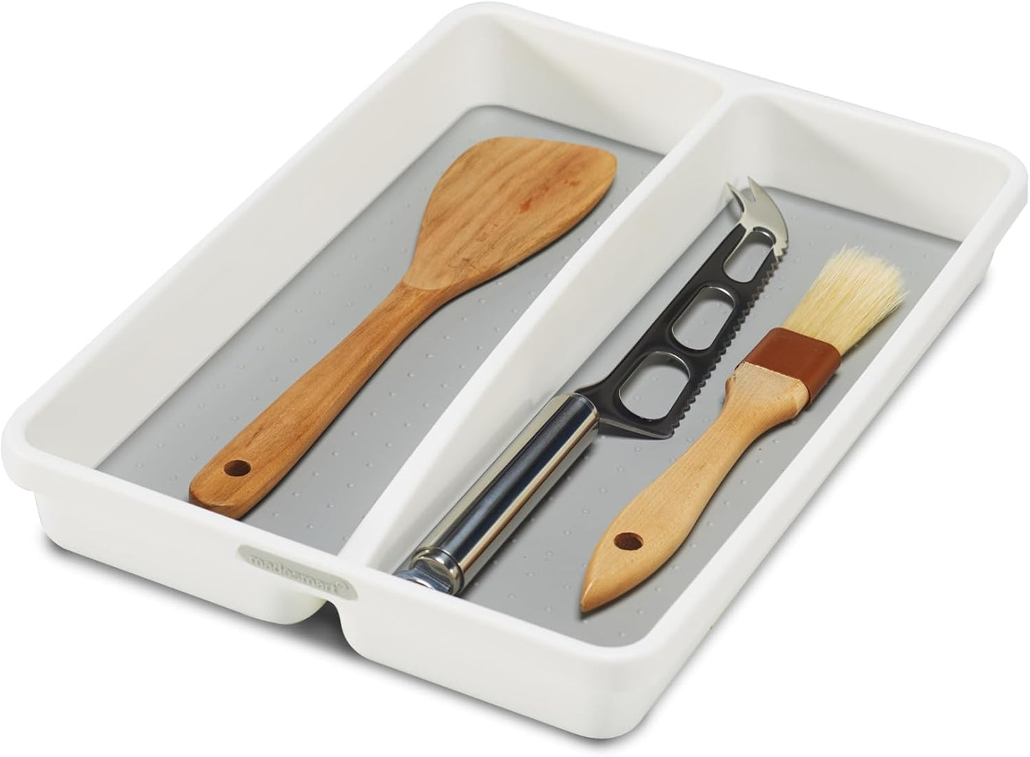 Premium Small Utensil Tray, Deep Storage for Ladles, Whisks & Serving Tools, Non Slip Lining, for Drawers & Home Organization, White