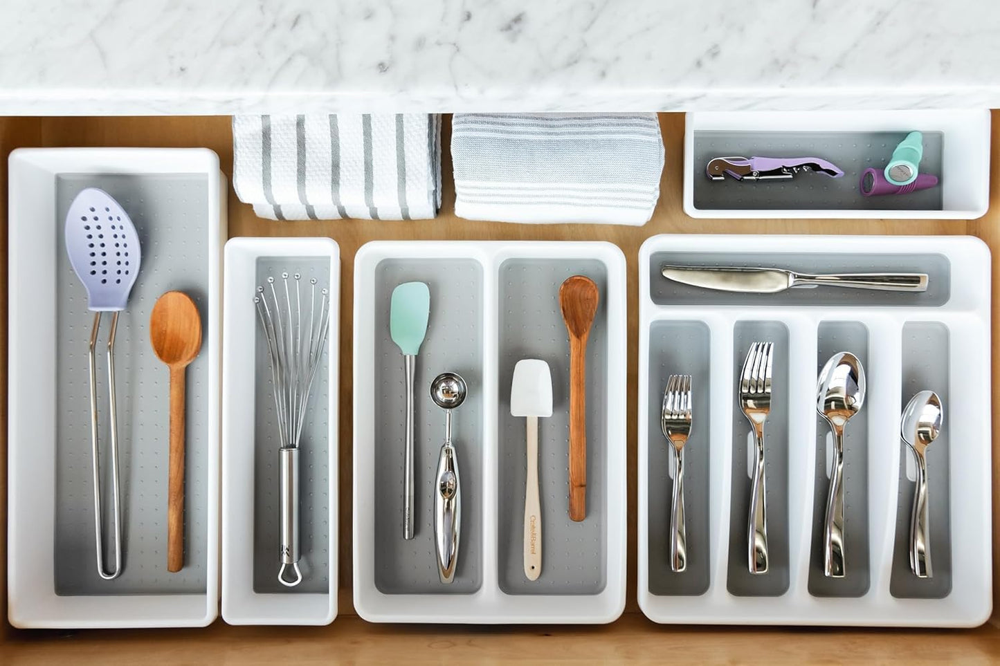 Premium Small Utensil Tray, Deep Storage for Ladles, Whisks & Serving Tools, Non Slip Lining, for Drawers & Home Organization, White
