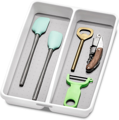 Premium Small Utensil Tray, Deep Storage for Ladles, Whisks & Serving Tools, Non Slip Lining, for Drawers & Home Organization, White