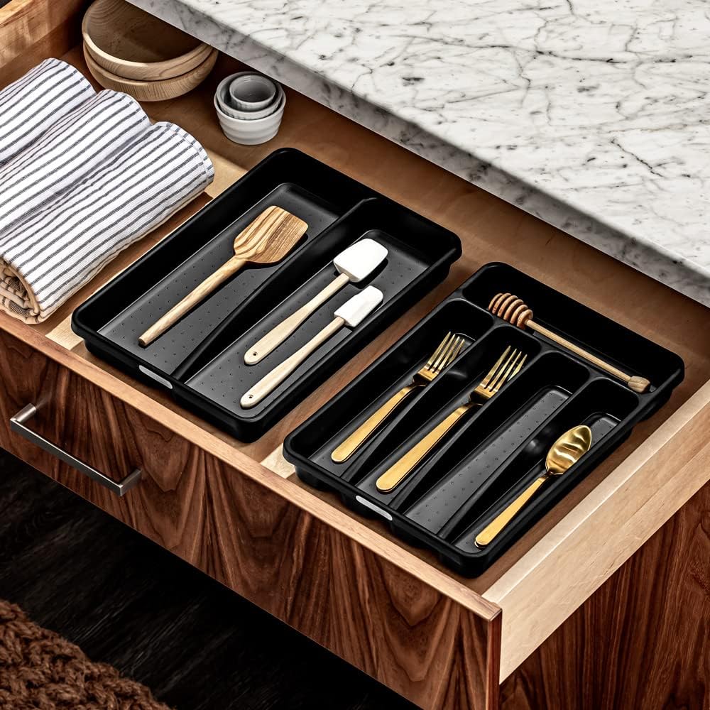 Premium Small Utensil Tray, Deep Storage for Ladles, Whisks & Serving Tools, Non Slip Lining, for Drawers & Home Organization, White