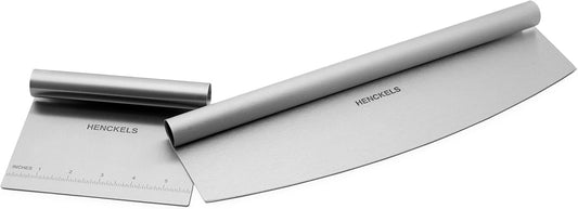 BBQ 2-pc Stainless Steel Pizza Cutter and Bench Scraper Set, Rocking Blade with Safety Guard and Measuring Scraper for Dough, BBQ and Baking