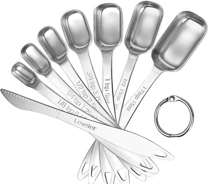 Measuring Spoons: 18/8 Stainless Steel Measuring Spoons Set of 9 Piece: 1/16 TSP, 1/8 TSP, 1/4 TSP, 1/3 TSP, 1/2 TSP, 3/4 TSP, 1 TSP, 1/2 tbsp & 1 tbsp Dry and Liquid Ingredients