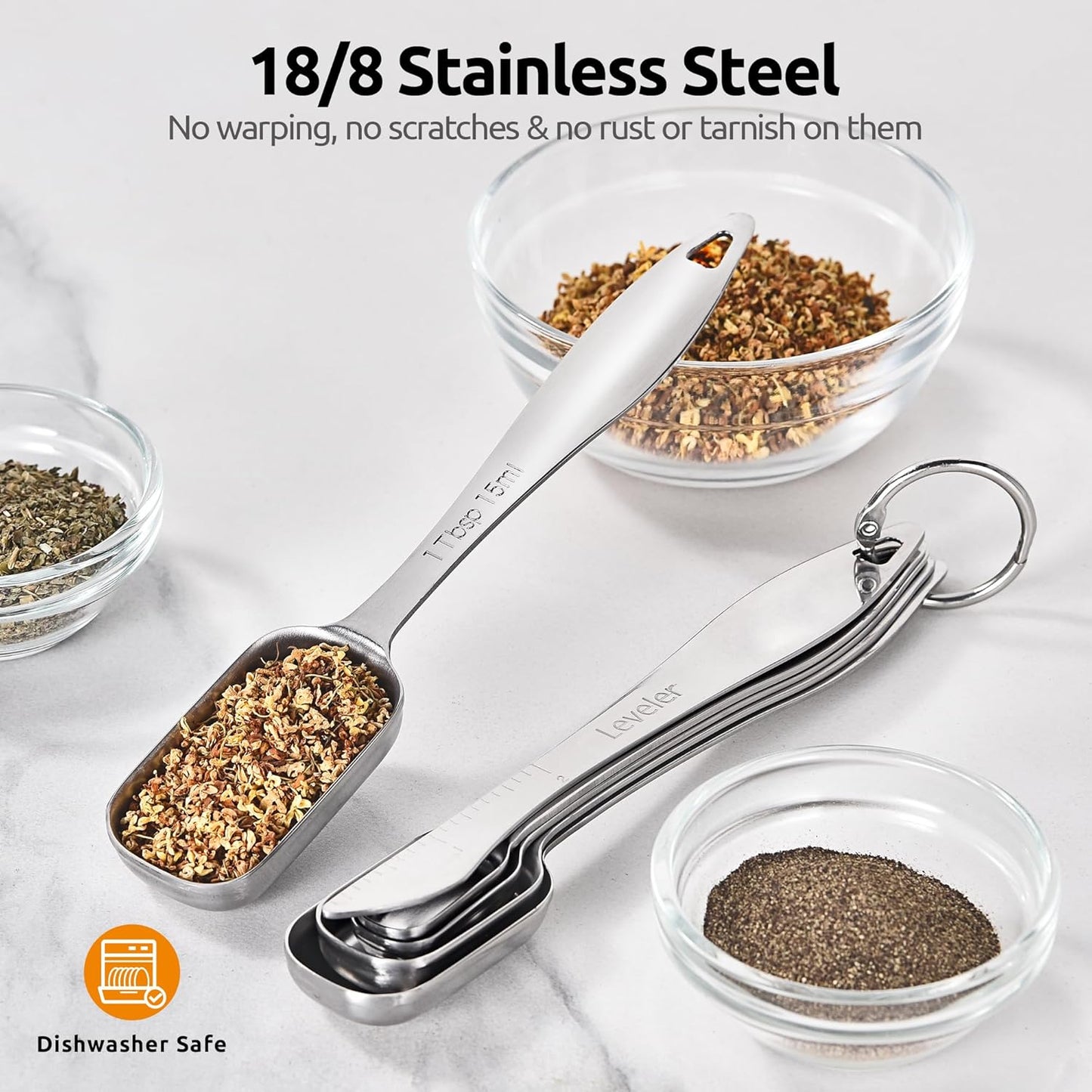 Measuring Spoons: 18/8 Stainless Steel Measuring Spoons Set of 9 Piece: 1/16 TSP, 1/8 TSP, 1/4 TSP, 1/3 TSP, 1/2 TSP, 3/4 TSP, 1 TSP, 1/2 tbsp & 1 tbsp Dry and Liquid Ingredients
