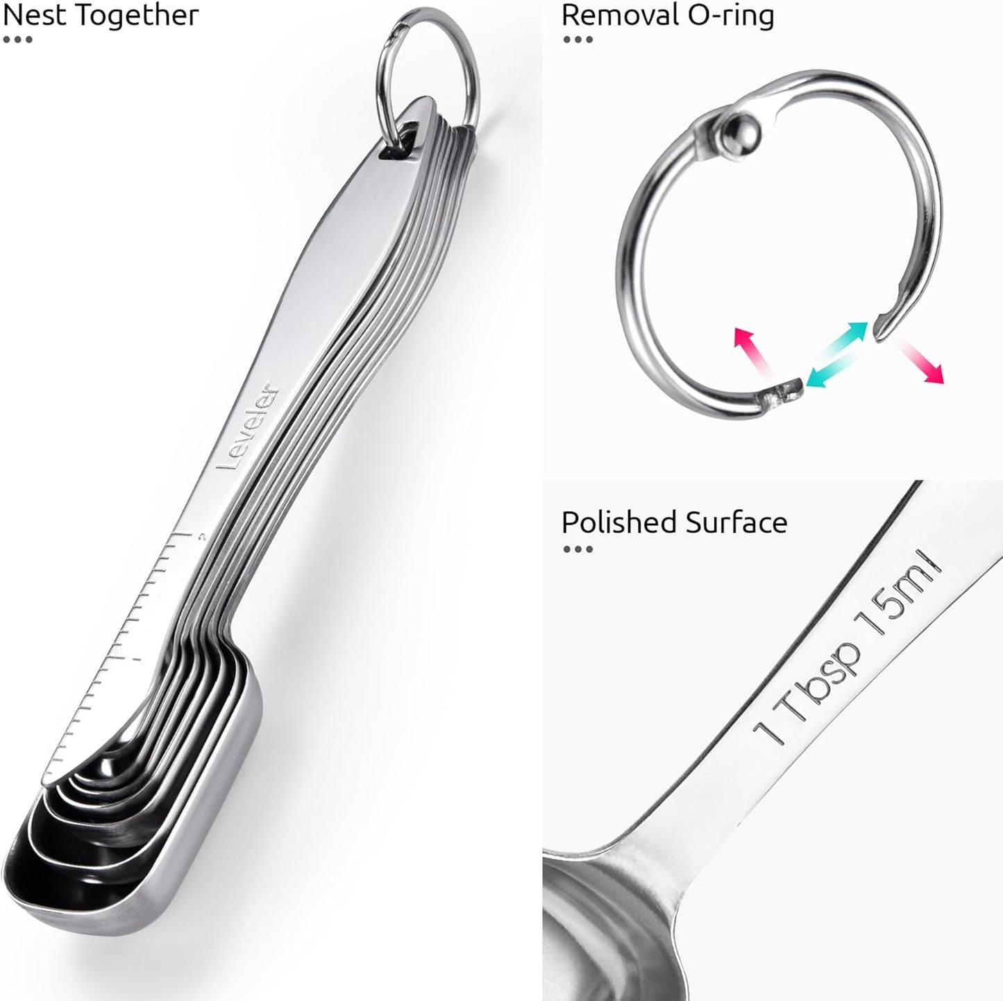 Measuring Spoons: 18/8 Stainless Steel Measuring Spoons Set of 9 Piece: 1/16 TSP, 1/8 TSP, 1/4 TSP, 1/3 TSP, 1/2 TSP, 3/4 TSP, 1 TSP, 1/2 tbsp & 1 tbsp Dry and Liquid Ingredients