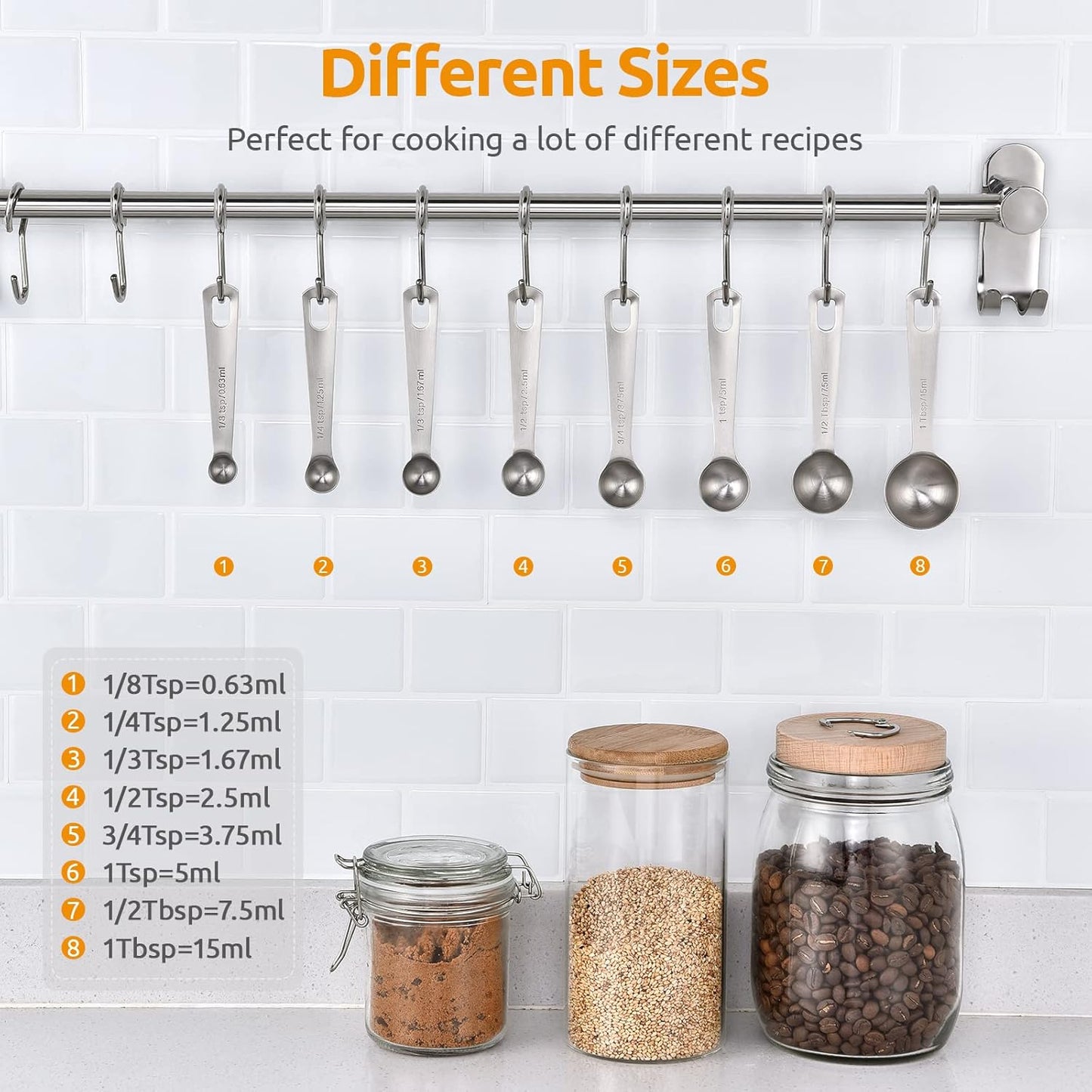 Measuring Spoons: 18/8 Stainless Steel Measuring Spoons Set of 9 Piece: 1/16 TSP, 1/8 TSP, 1/4 TSP, 1/3 TSP, 1/2 TSP, 3/4 TSP, 1 TSP, 1/2 tbsp & 1 tbsp Dry and Liquid Ingredients