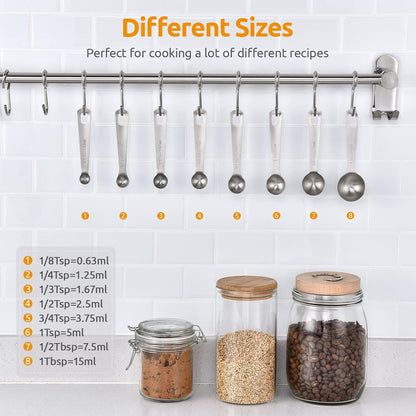 Measuring Spoons: 18/8 Stainless Steel Measuring Spoons Set of 9 Piece: 1/16 TSP, 1/8 TSP, 1/4 TSP, 1/3 TSP, 1/2 TSP, 3/4 TSP, 1 TSP, 1/2 tbsp & 1 tbsp Dry and Liquid Ingredients