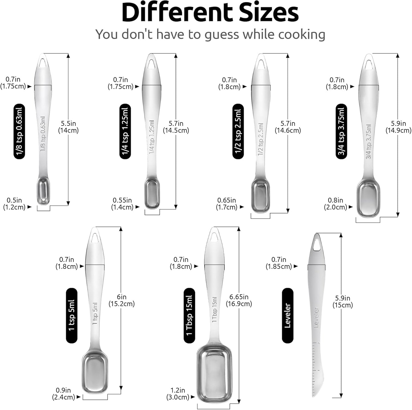 Measuring Spoons: 18/8 Stainless Steel Measuring Spoons Set of 9 Piece: 1/16 TSP, 1/8 TSP, 1/4 TSP, 1/3 TSP, 1/2 TSP, 3/4 TSP, 1 TSP, 1/2 tbsp & 1 tbsp Dry and Liquid Ingredients