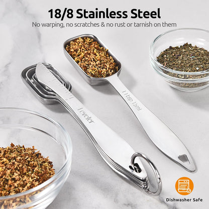Measuring Spoons: 18/8 Stainless Steel Measuring Spoons Set of 9 Piece: 1/16 TSP, 1/8 TSP, 1/4 TSP, 1/3 TSP, 1/2 TSP, 3/4 TSP, 1 TSP, 1/2 tbsp & 1 tbsp Dry and Liquid Ingredients