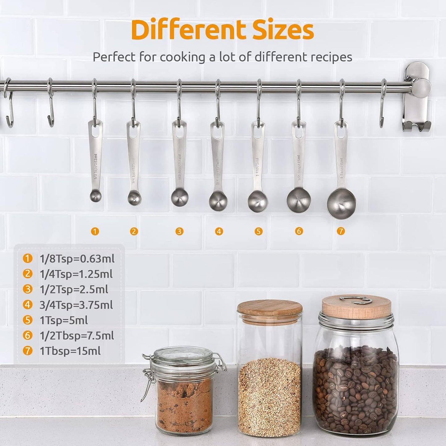 Measuring Spoons: 18/8 Stainless Steel Measuring Spoons Set of 9 Piece: 1/16 TSP, 1/8 TSP, 1/4 TSP, 1/3 TSP, 1/2 TSP, 3/4 TSP, 1 TSP, 1/2 tbsp & 1 tbsp Dry and Liquid Ingredients