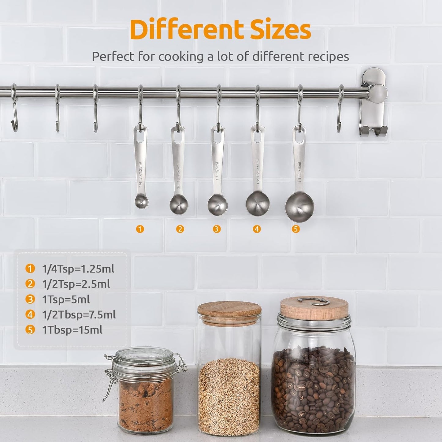 Measuring Spoons: 18/8 Stainless Steel Measuring Spoons Set of 9 Piece: 1/16 TSP, 1/8 TSP, 1/4 TSP, 1/3 TSP, 1/2 TSP, 3/4 TSP, 1 TSP, 1/2 tbsp & 1 tbsp Dry and Liquid Ingredients