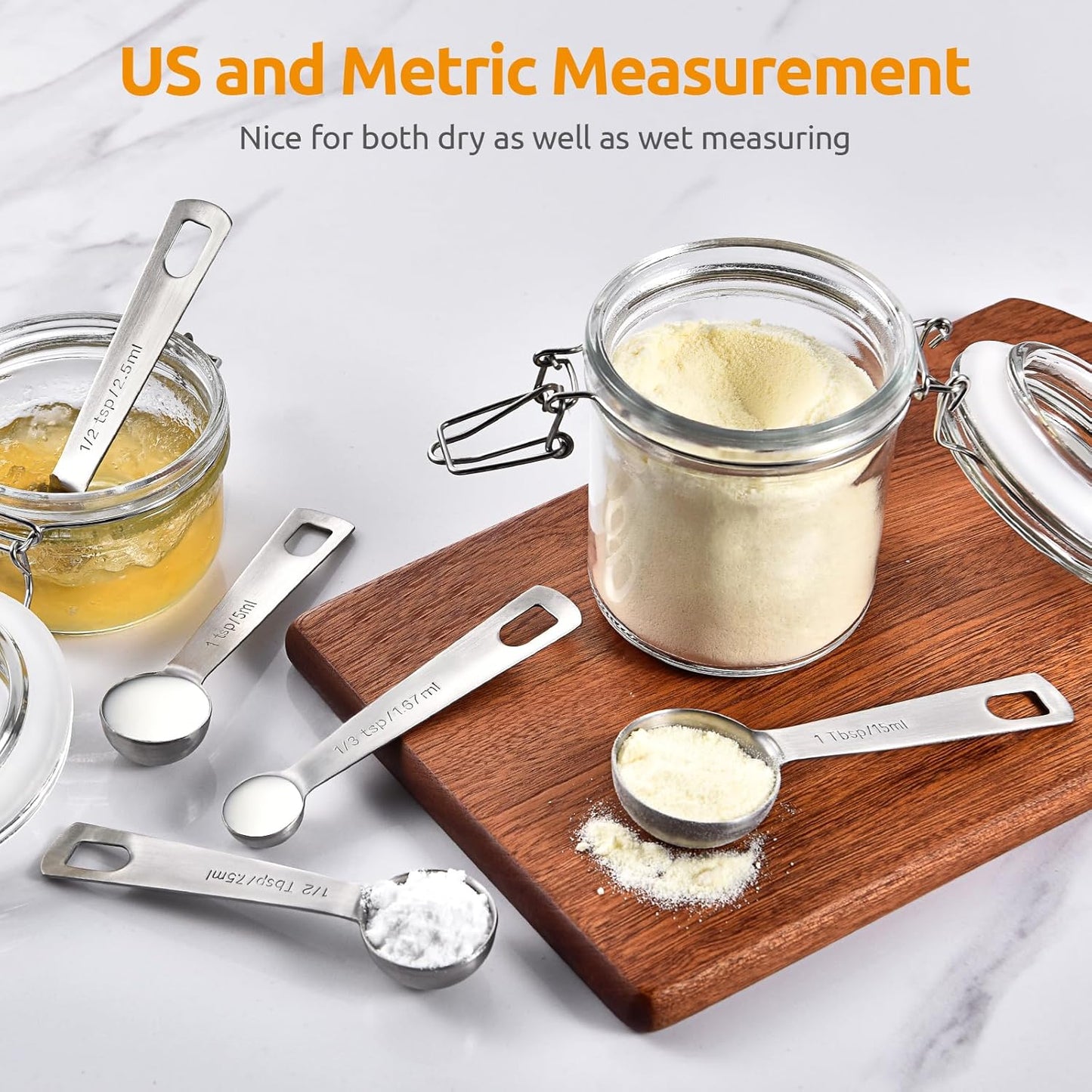 Measuring Spoons: 18/8 Stainless Steel Measuring Spoons Set of 9 Piece: 1/16 TSP, 1/8 TSP, 1/4 TSP, 1/3 TSP, 1/2 TSP, 3/4 TSP, 1 TSP, 1/2 tbsp & 1 tbsp Dry and Liquid Ingredients
