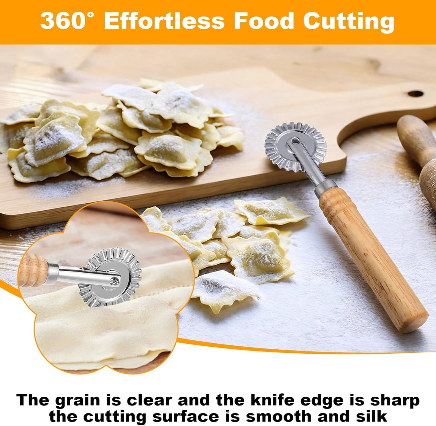2 PCS Pasta Cutter Wheel, Pastry and Pasta Cutter Wheel Pastry Ravioli Wheel Cutter With Long Wooden Handle for Ravioli Pasta Dumplings Lasagna Pierogi