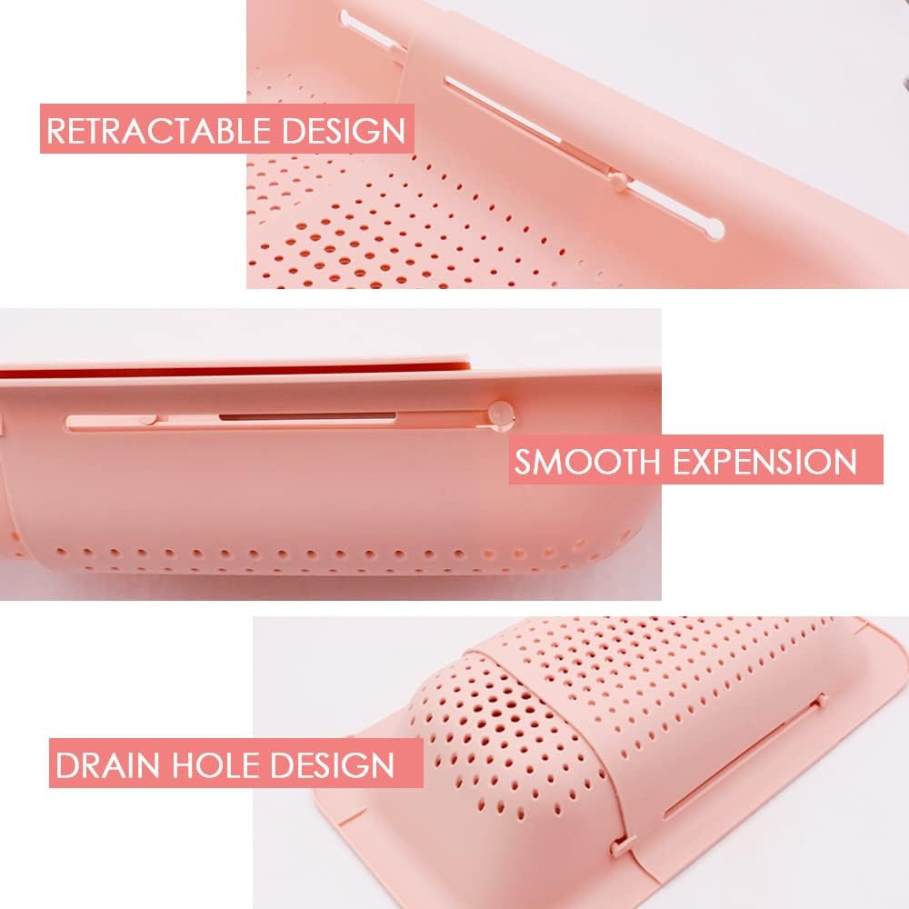 Extendable Colander Over the Sink Strainer basket - Extendable Sink Colander - Wash Fruits and Vegetable. Drain cooked Pasta and Dishes - Efficient Kitchen - Pink 8x19.5x2.8 inches