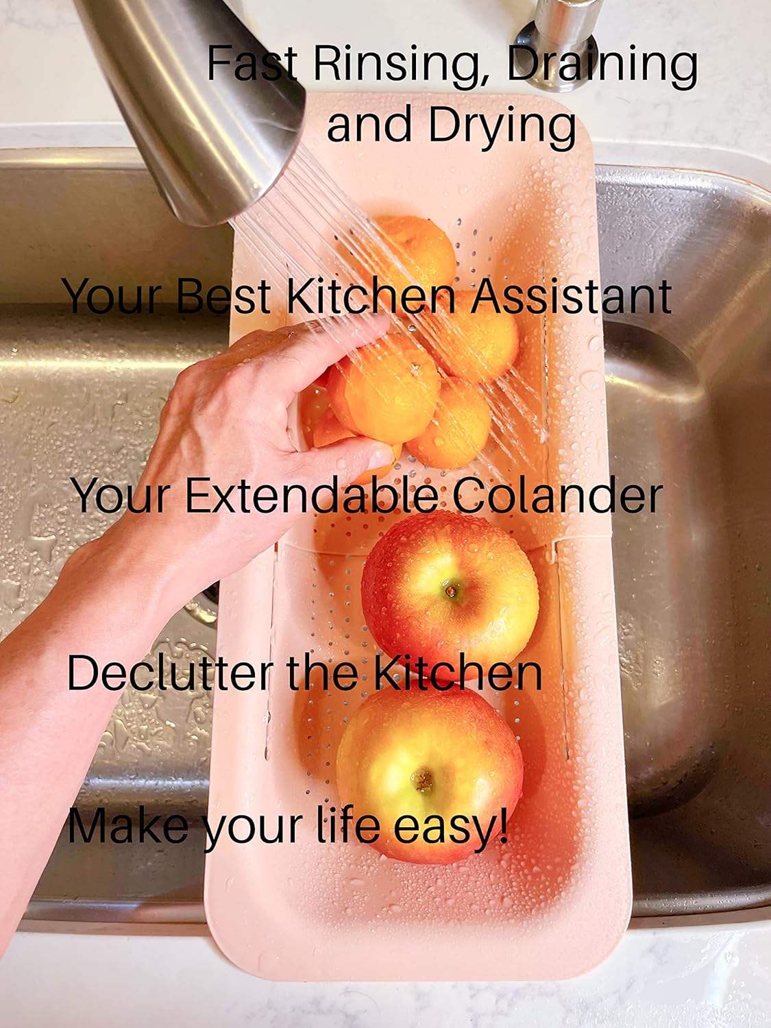 Extendable Colander Over the Sink Strainer basket - Extendable Sink Colander - Wash Fruits and Vegetable. Drain cooked Pasta and Dishes - Efficient Kitchen - Pink 8x19.5x2.8 inches