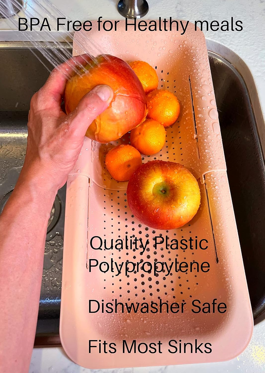 Extendable Colander Over the Sink Strainer basket - Extendable Sink Colander - Wash Fruits and Vegetable. Drain cooked Pasta and Dishes - Efficient Kitchen - Pink 8x19.5x2.8 inches