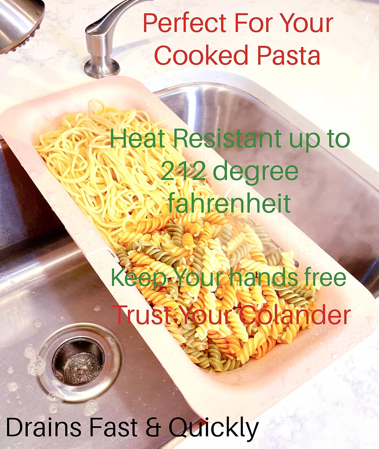 Extendable Colander Over the Sink Strainer basket - Extendable Sink Colander - Wash Fruits and Vegetable. Drain cooked Pasta and Dishes - Efficient Kitchen - Pink 8x19.5x2.8 inches