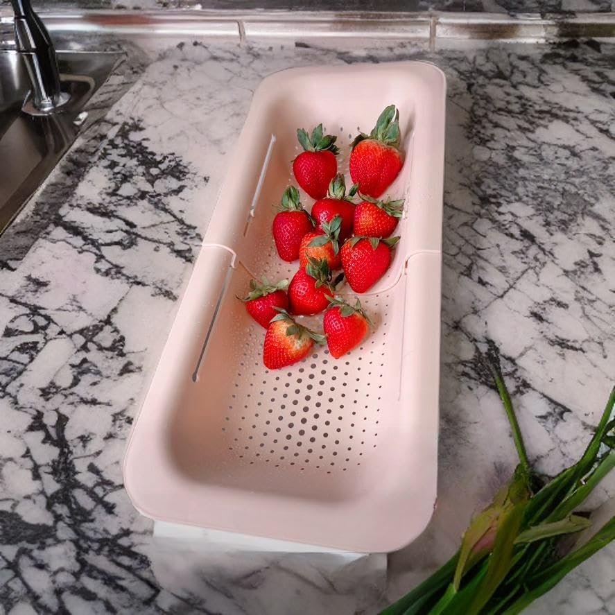 Extendable Colander Over the Sink Strainer basket - Extendable Sink Colander - Wash Fruits and Vegetable. Drain cooked Pasta and Dishes - Efficient Kitchen - Pink 8x19.5x2.8 inches