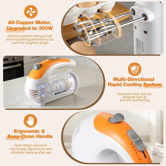 300W 5-Speed Hand Mixer with 3 Bowls & Accessories for Baking | Complete Kitchen Cake Mixer Includes Paddle, Dough Hook, Whisk, Measuring Cups & Spoons – Nesting Bowls Space-Saving Design