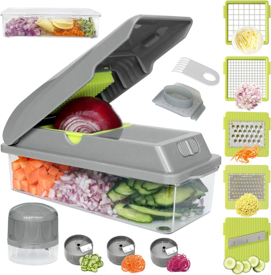 Veggie Chopper with Container, 9 in 1 Manual Food Chopper Cutter, Grey | Multifunctional Sharp Blades Slice, Dice, Shred & Grate for Onions, Salads, Fruit at Home Kitchen for Muti-Use