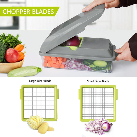 Veggie Chopper with Container, 9 in 1 Manual Food Chopper Cutter, Grey | Multifunctional Sharp Blades Slice, Dice, Shred & Grate for Onions, Salads, Fruit at Home Kitchen for Muti-Use