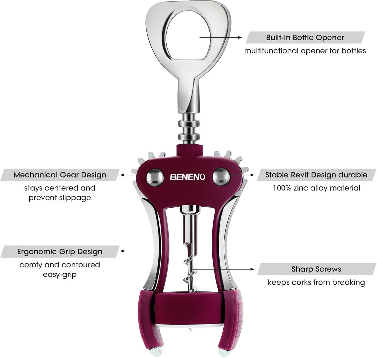 Wine Opener, Premium Wing Corkscrew Wine Bottle Opener, Silver