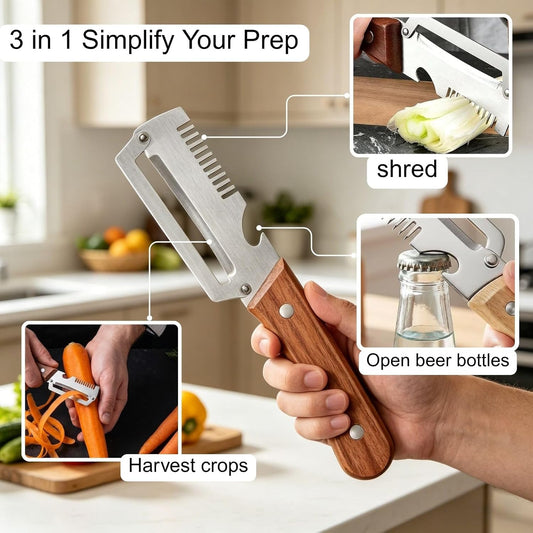 2 PCS Multi-Functional Kitchen Peeler, Professional Kitchen Tool for Chefs Fruit, 3 in 1 Multi Functional Wooden Handle Peeler and Bottle Opener, Kitchen Gadgets for Potato, Carrot, Pumpkin, Apple