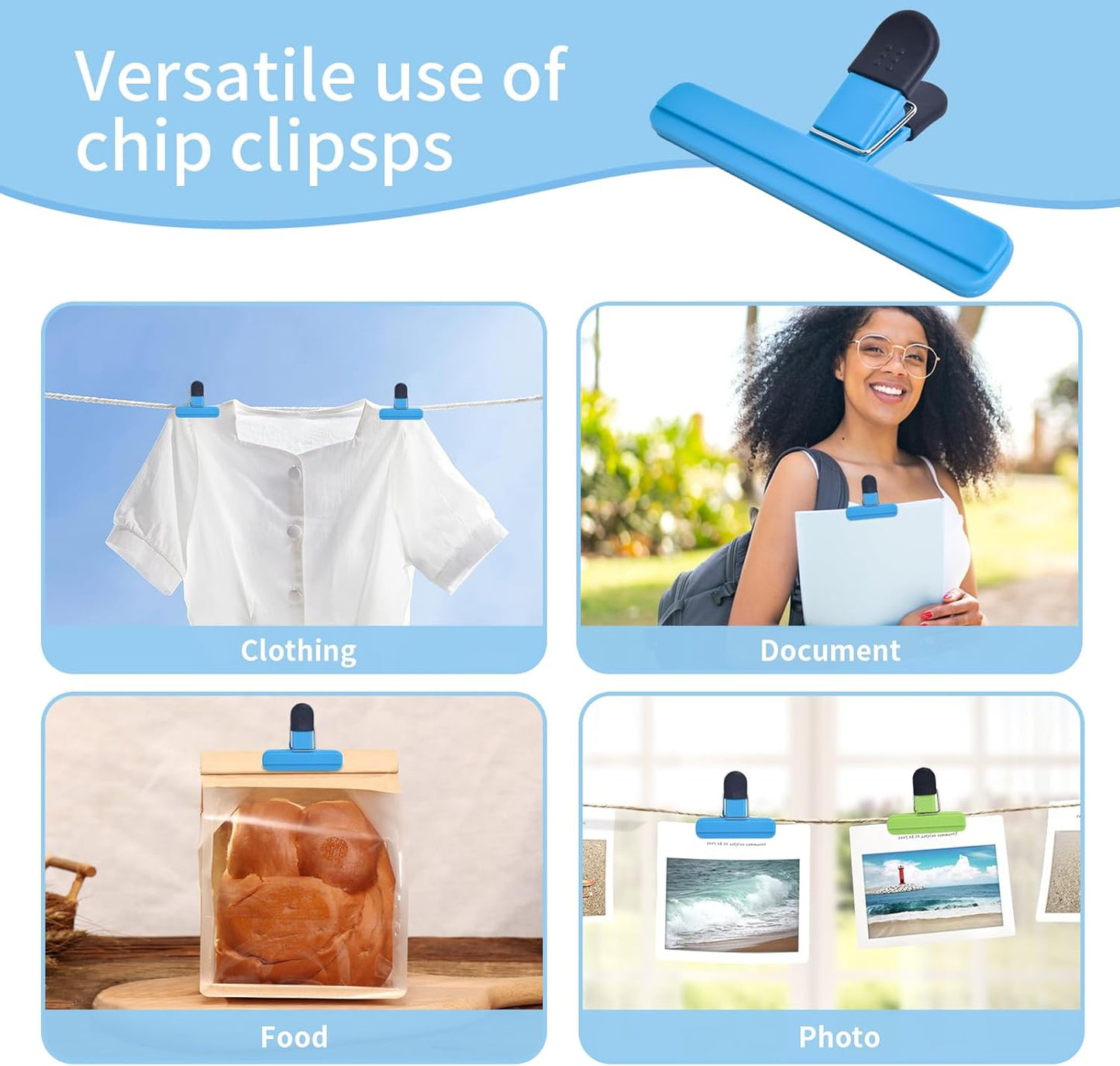 9Pack Large Chip Bag Clips - Assorted Sizes Food Bag Clips Plastic Heavy Seal Grip
