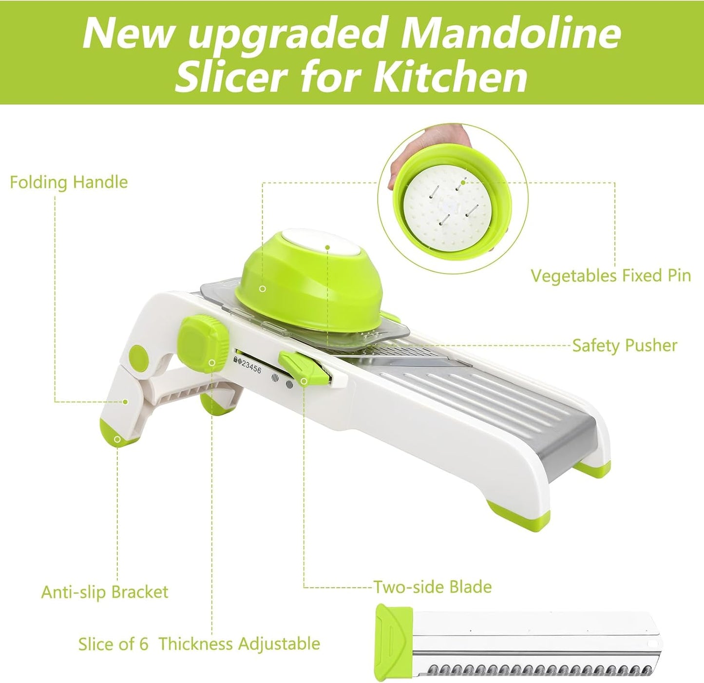 Mandoline Slicer for Kitchen, Adjustable Vegetable Potato Slicer | Stainless Steel Safe Mandolin Veggie Fruit Cutter with Food Holder, for Onion Cucumber Tomato Carrot, Green