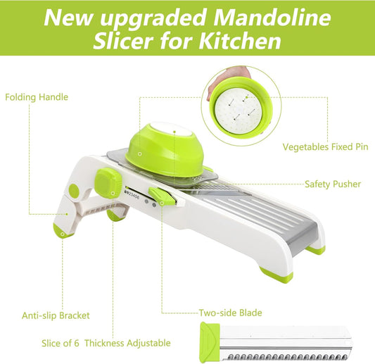 Mandoline Slicer for Kitchen, Adjustable Vegetable Potato Slicer | Stainless Steel Safe Mandolin Veggie Fruit Cutter with Food Holder, for Onion Cucumber Tomato Carrot, Green