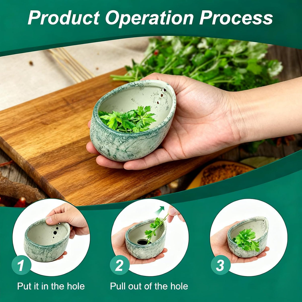 Pottery Herb Stripper Bowl, Upgrade Pottery Herb Stripper Bowl, Handmade Ceramic Herb Peeling Cup with Different Round Hole Sizes for Peeling Off The Leafy Assembly (Dark Green)